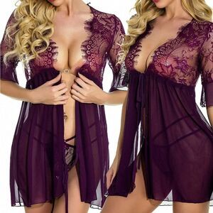 Women's Sexy Lingerie Babydoll Lace Chemise Sheer Mesh Open Front Sleepwear Set